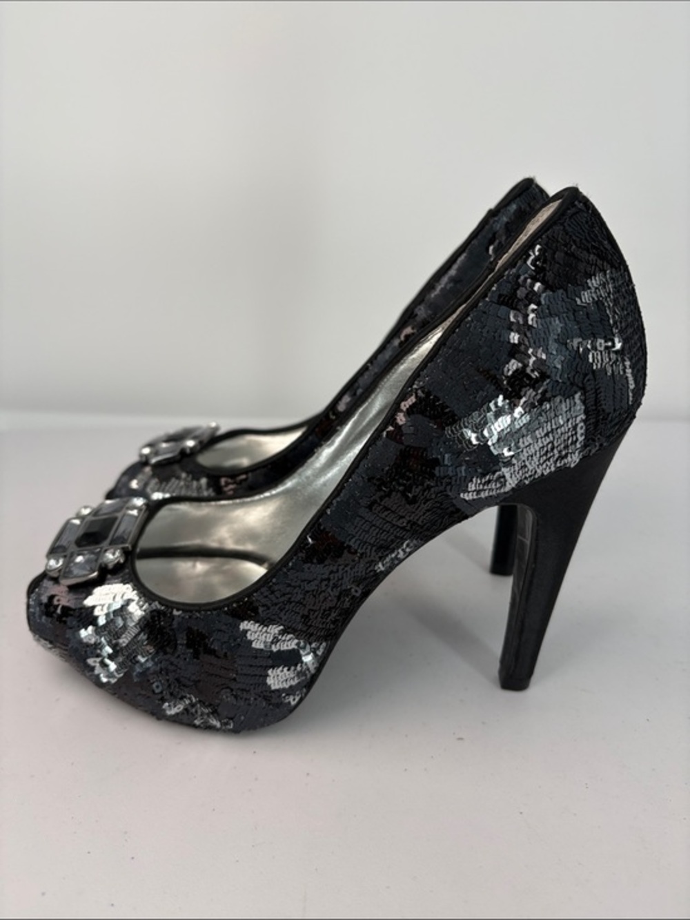 🌪️ Nina Black & Silver Sequin super High Heel Pumps with gem  Accent peep toe